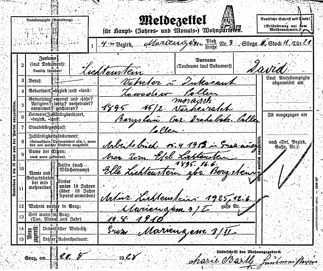 Bild 5: Meldezettel David Lichtenstein