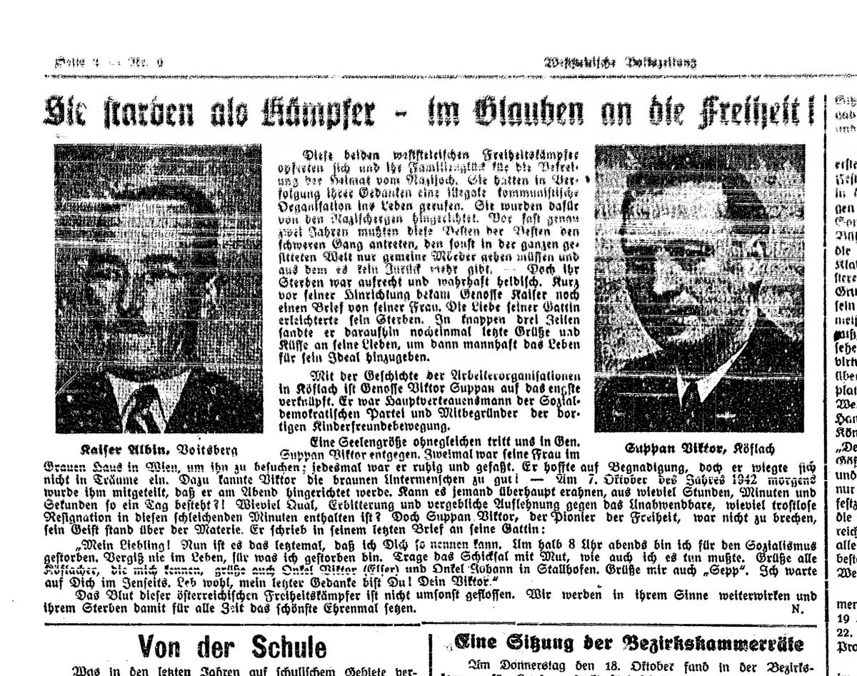 Zeitungsartikel zu Viktor Suppans Hinrichtung und letztem Brief an seine Frau, 1942