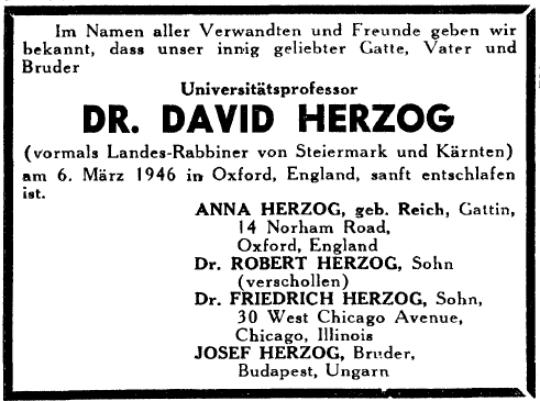 Todesanzeige David Herzogs im Jahr 1946 