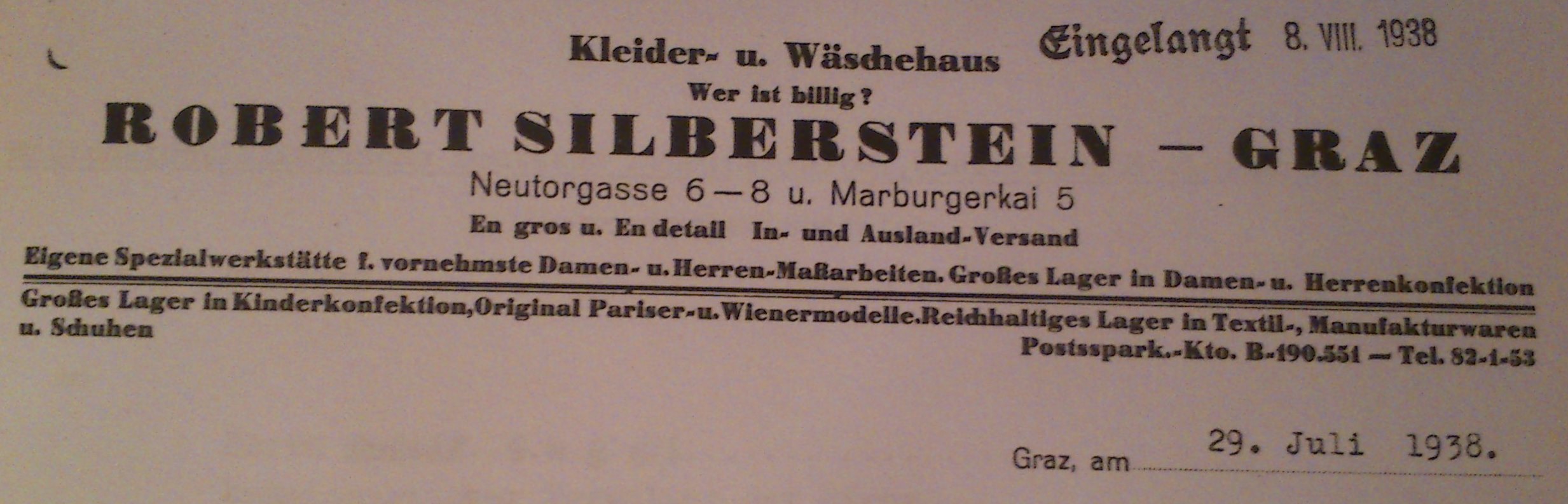 Briefzeile der Firma Robert Silberstein Quelle: Steiermärkisches Landesarchiv