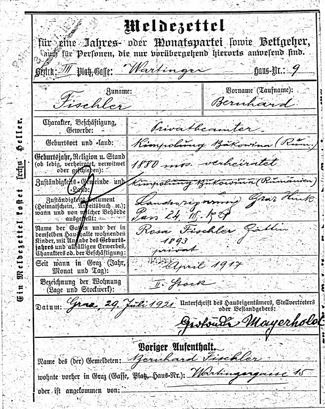 Meldezettel Berl Fischler Quelle: Archiv der Stadt Graz