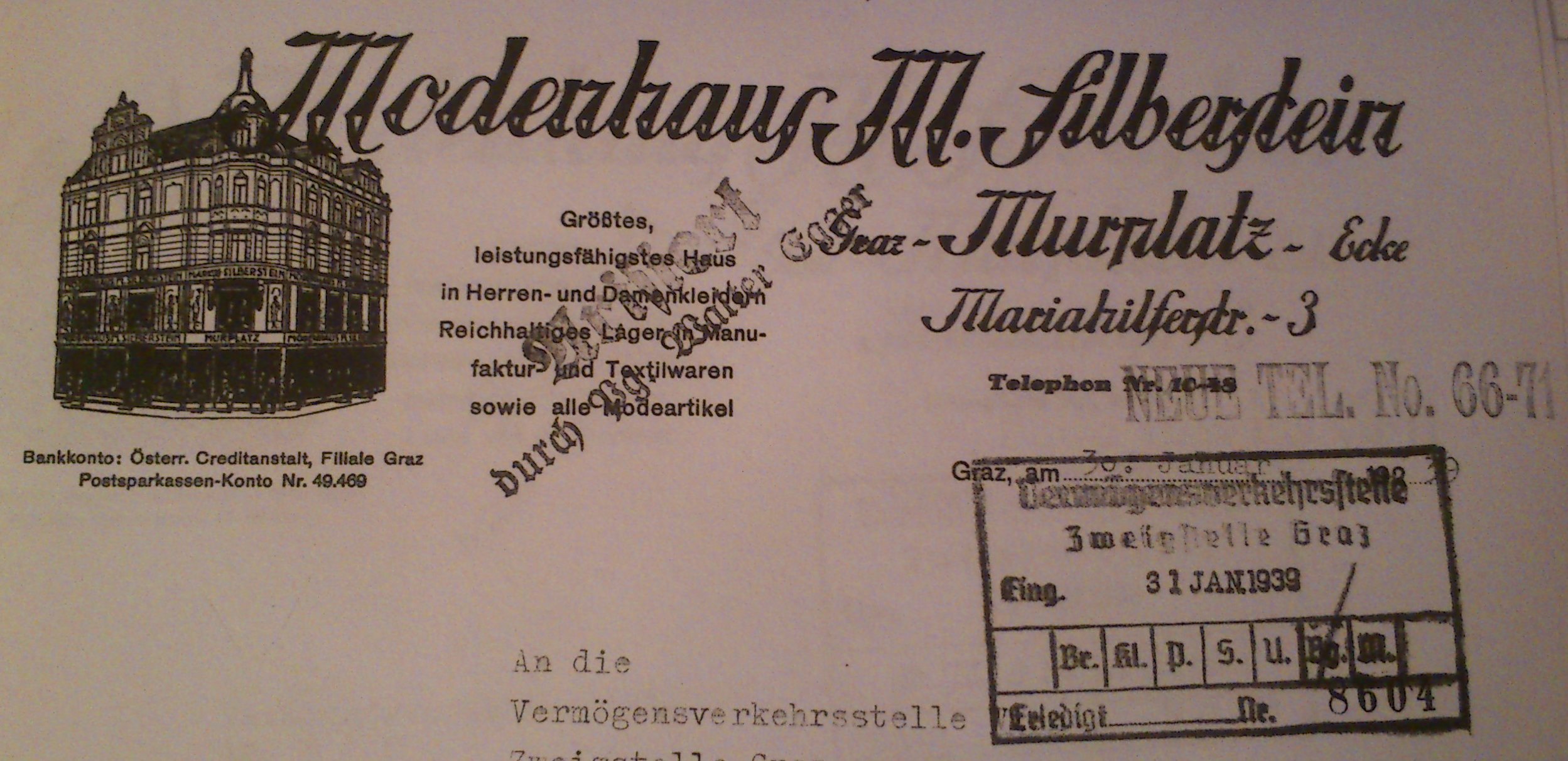 Briefkopf der Firma Modenhaus Markus Silberstein im Jahr 1938 Quelle: Steiermärkische Landesarchiv