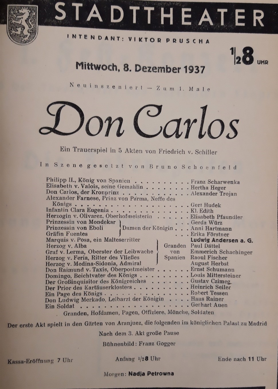 Programm vom 8.12.1937, Don Carlos Archiv der Vereinigten Bühnen Graz