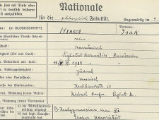 "Nationale" (Universitäts-Registerblatt) von Isak Hirsch, Winteresemester 1937/38. (c)  https://1585-tomorrow.uni-graz.at/
